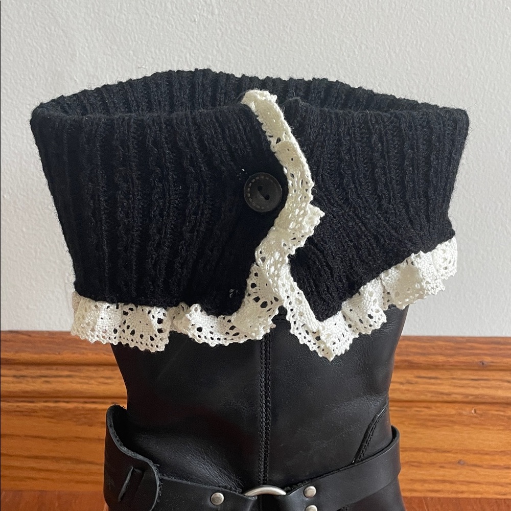 Black Buttoned Boot Cuff Leg Warmers with Lace Trim